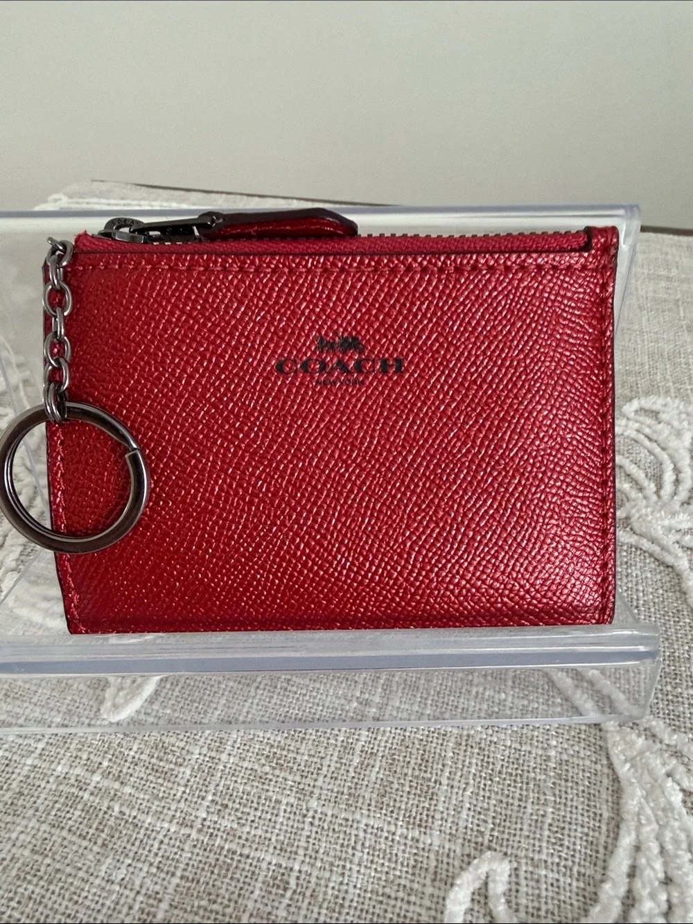 Coach Metallic Red Saffiano Leather Slim Zip Card Holder with Key Ring #F21072